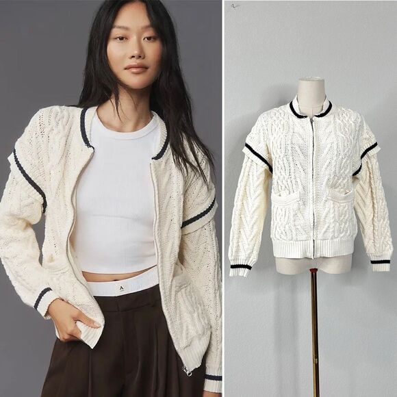 Anthropologie Sweaters - Anthropologie Cable Knit Bomber Sweater XS Cottage Academia Fisherman Cardigan